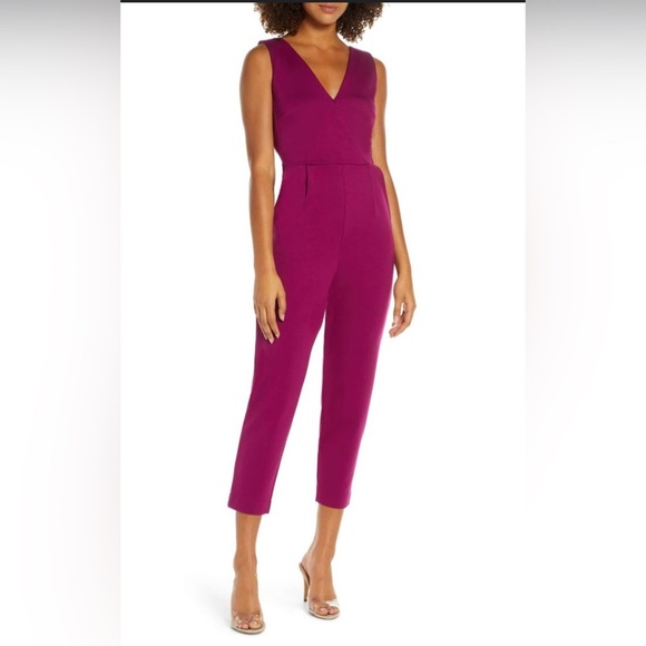 French Connection Marie Surplice Jumpsuit Sz 10 NWT V Neck W/ Pockets Magenta - Picture 1 of 10
